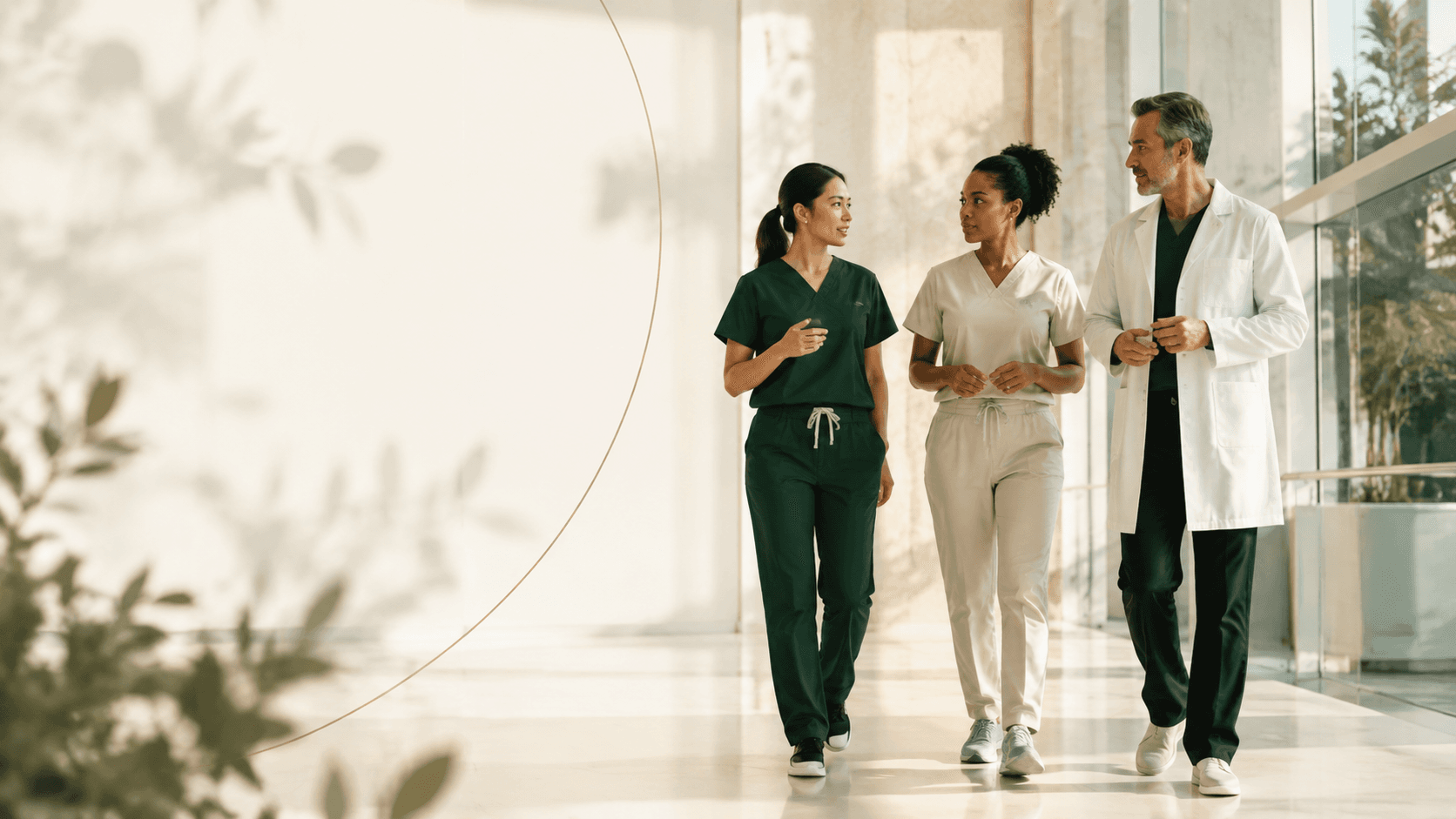 Clinical team walking through a hospital atrium